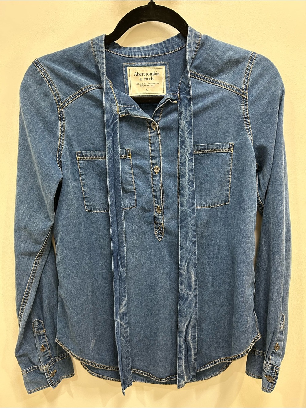 Abercrombie & Fitch Blue Denim Tie-Neck Blouse